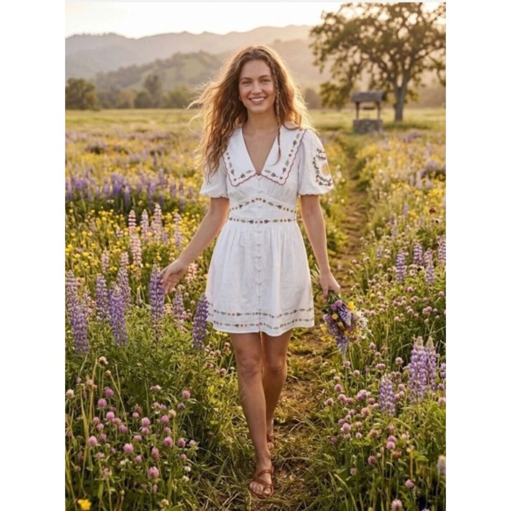 NWT Caroline Constas Size 2 Embroidered Mini Dress Peter Pan Collar Cottagecore